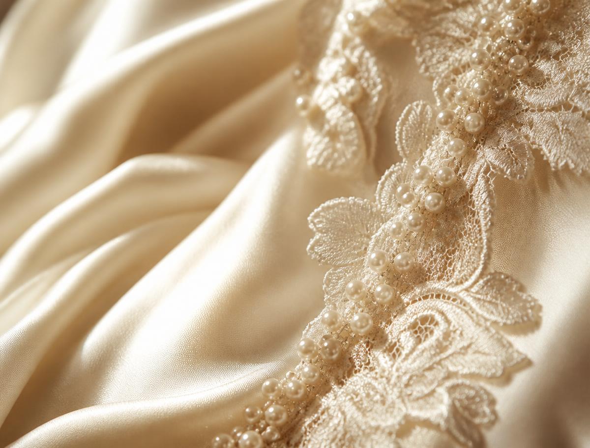 Close-up of hand-beaded ivory bridal fabric in the DILWIEN atelier