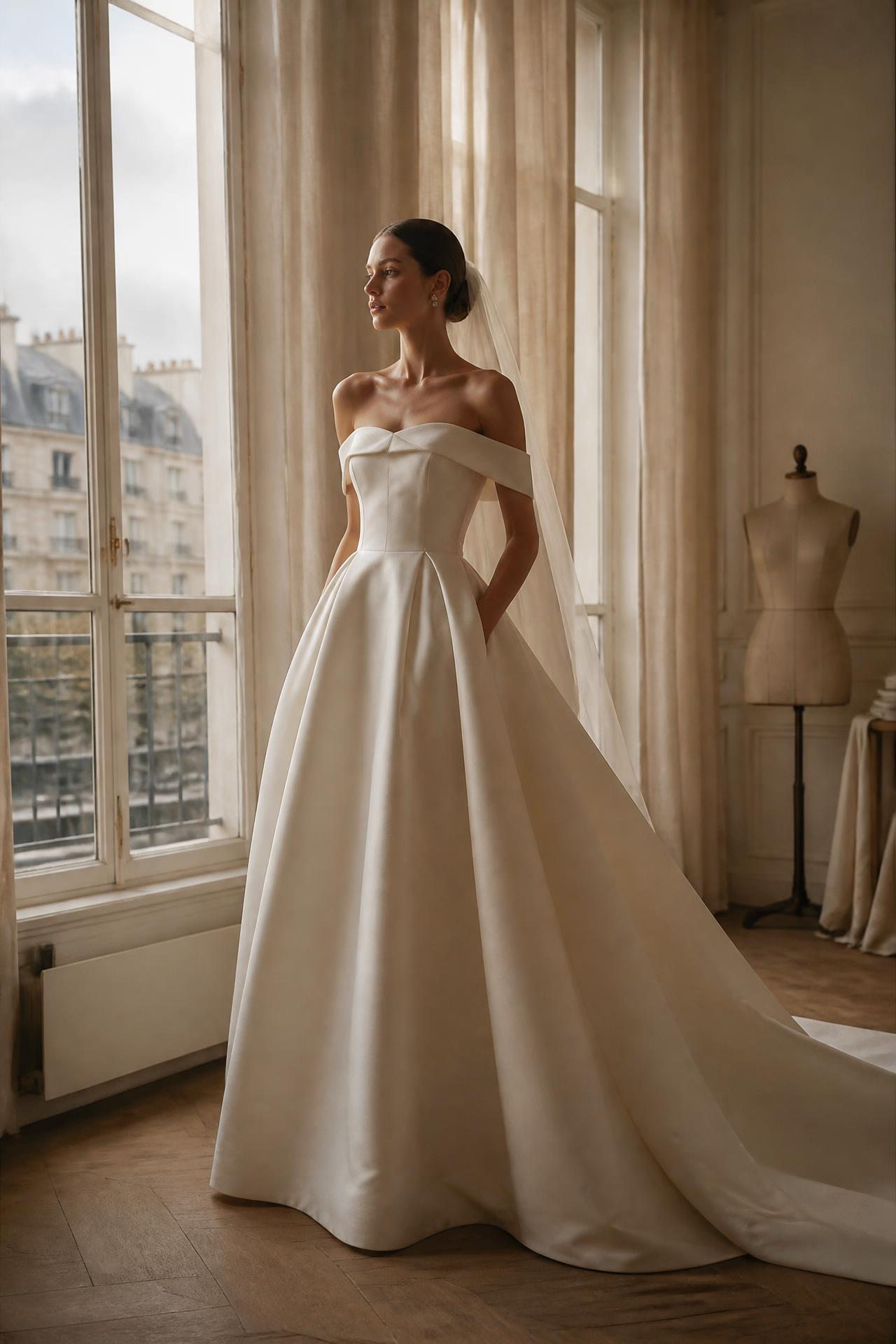 Bruid in een op maat gemaakte ivoren trouwjurk van Dilwien Bridal