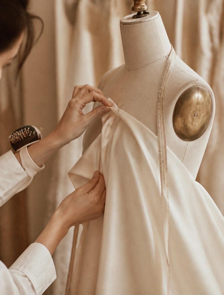 A Dilwien Bridal seamstress pinning an ivory wedding dress on a dress stand in the atelier